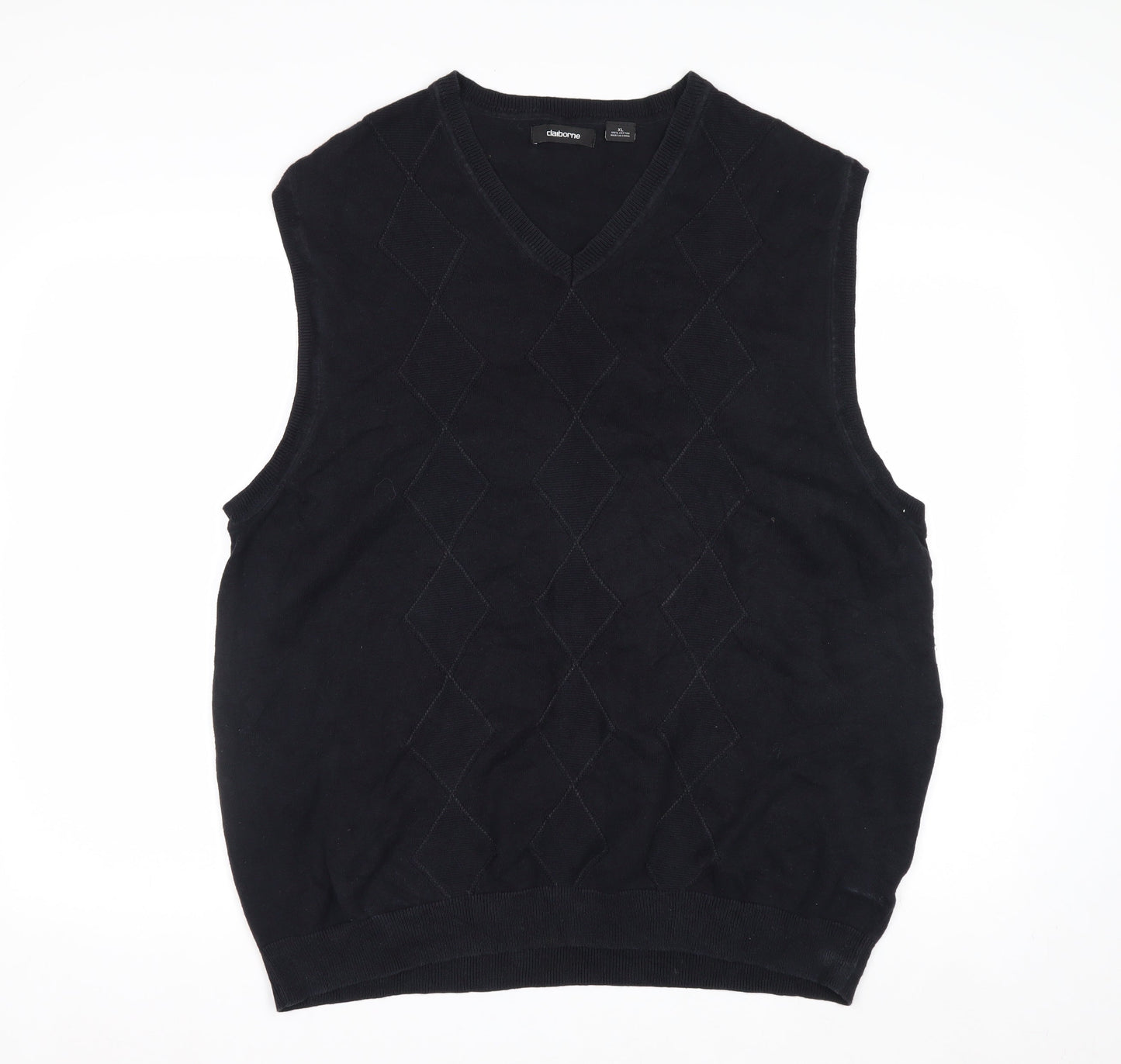 Claiborne Men's Black Cotton Argyle Sleeveless V-Neck Vest XL