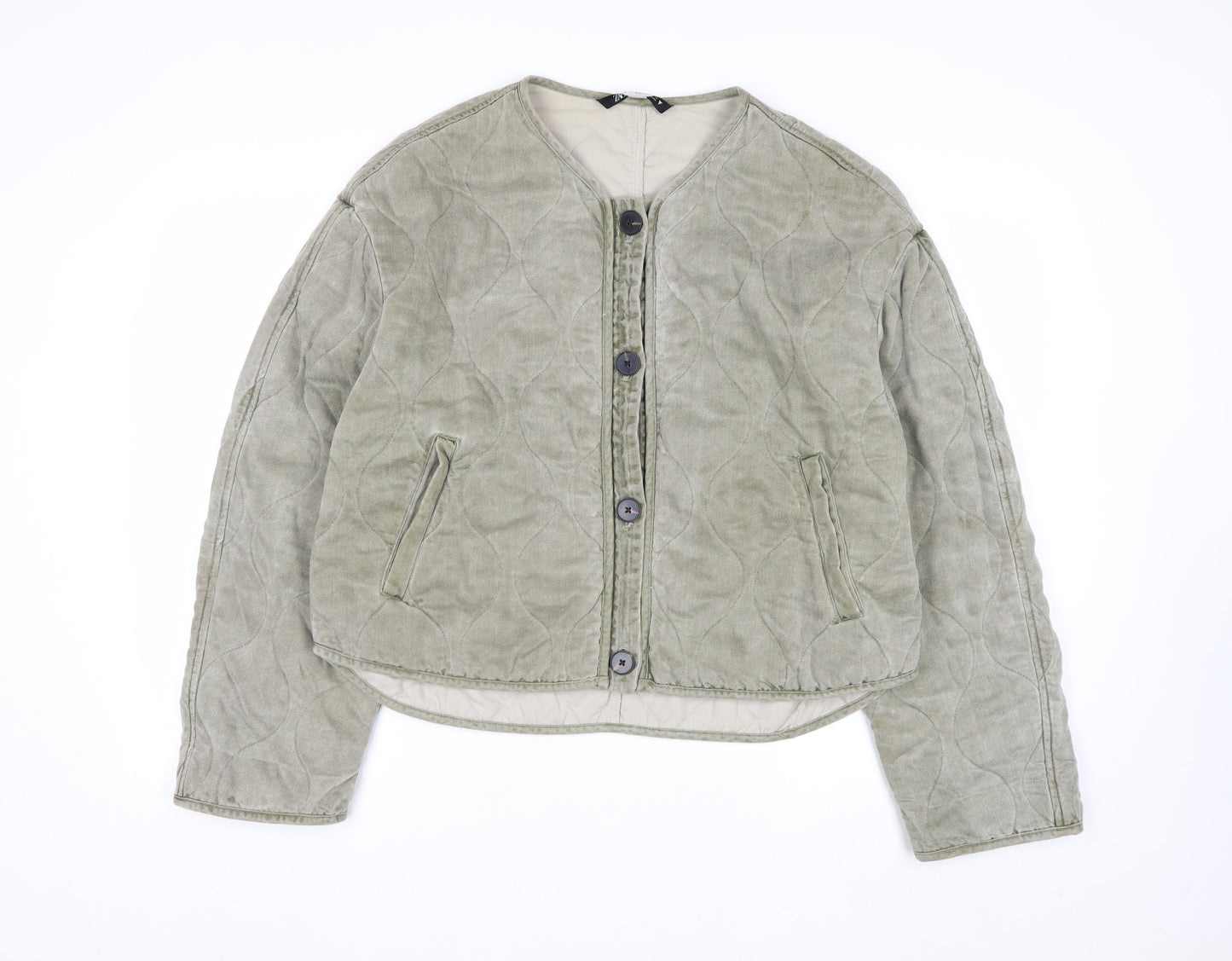 Zara Women Green Quilted Cotton Short Jacket Size 12