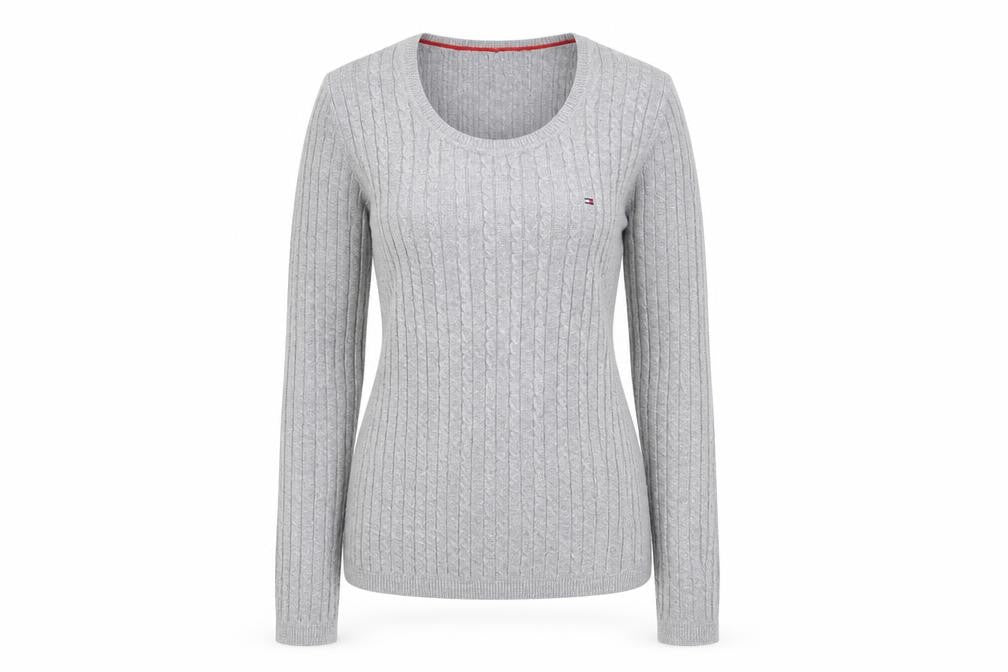 Tommy Hilfiger Women Grey Cable-Knit Jumper XS Classic Crew Neck