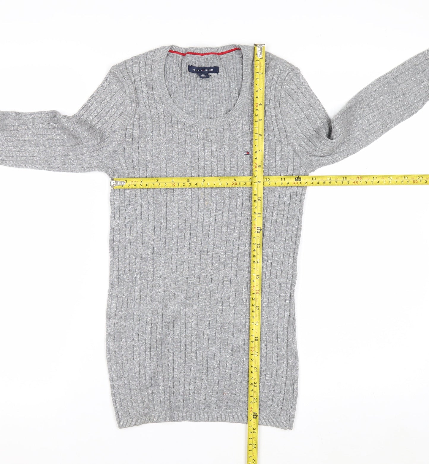 Tommy Hilfiger Women Grey Cable-Knit Jumper XS Classic Crew Neck