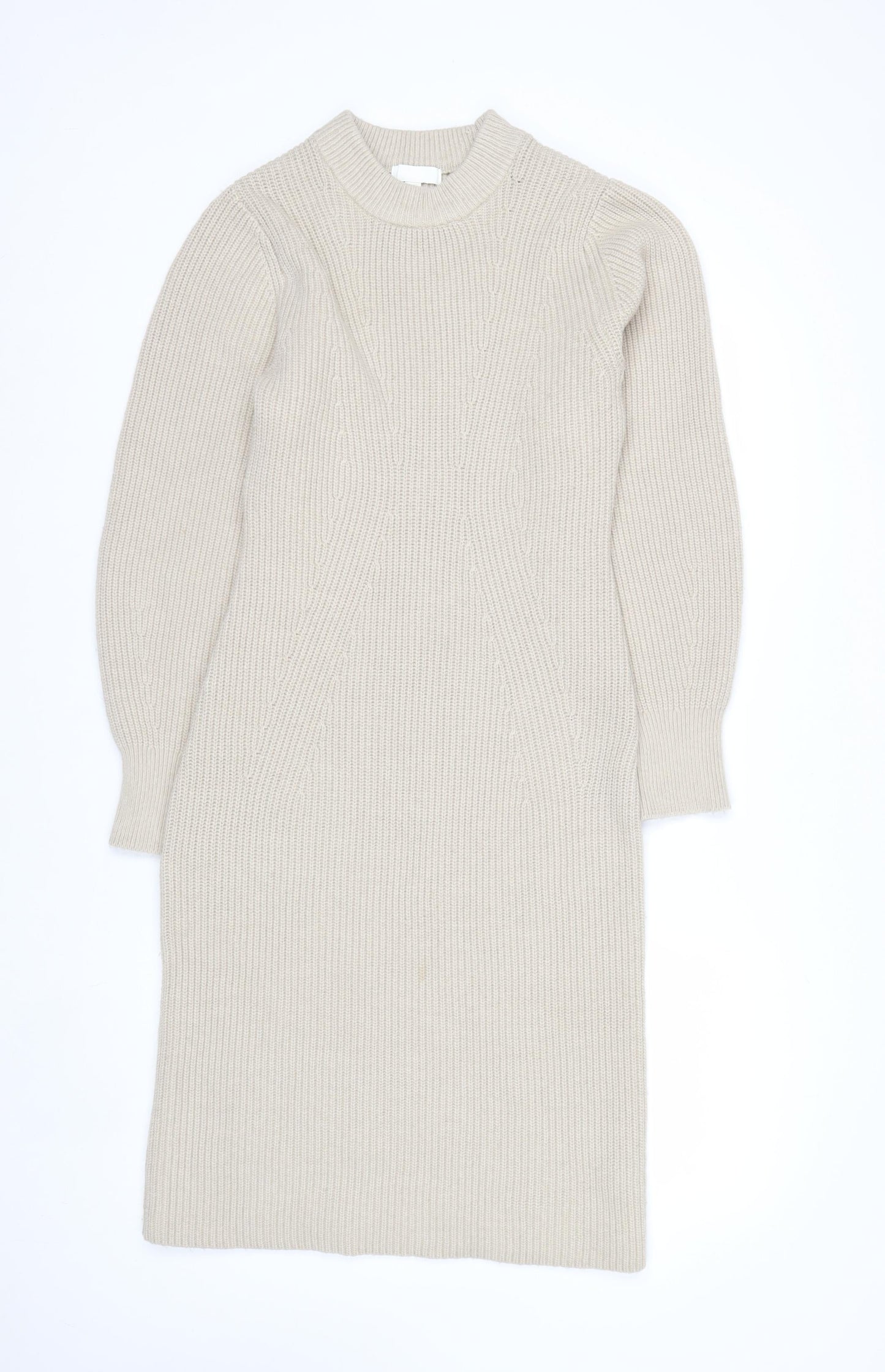 H&M Women Beige Knit Jumper Dress Size S Long Sleeve Crew Neck