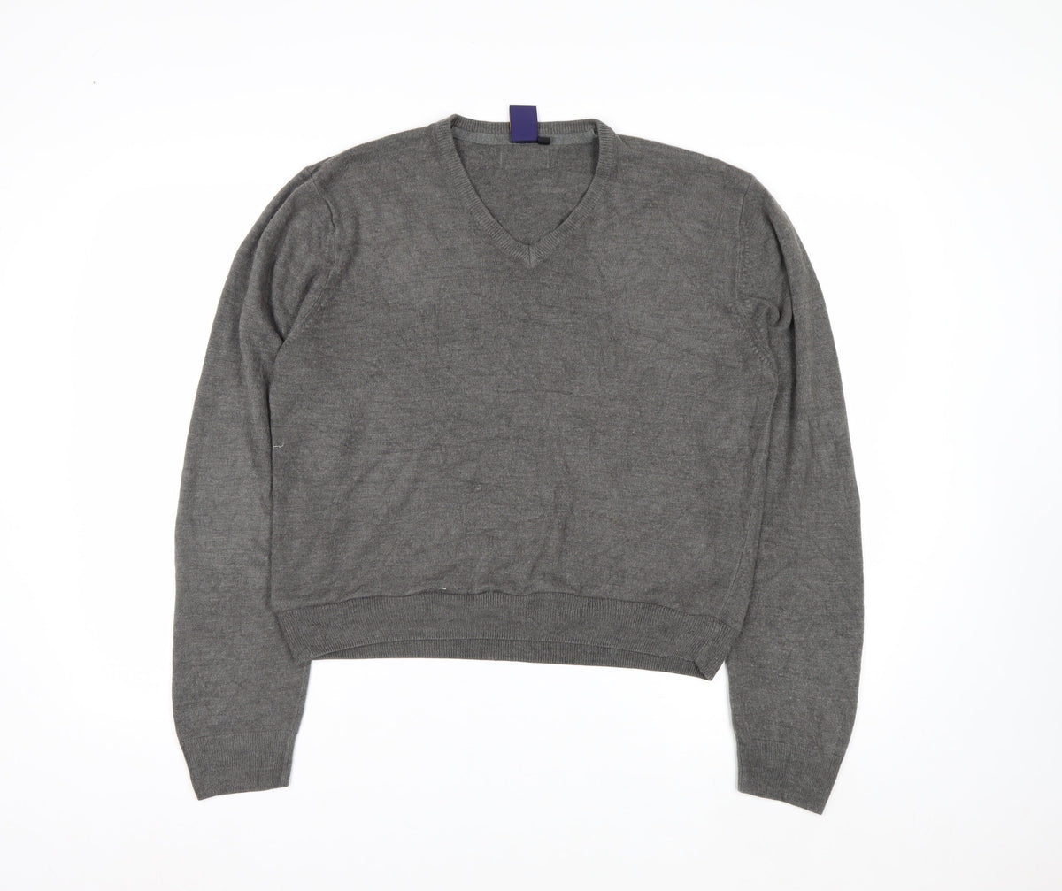 Back view of Beyond Retro Men's Grey V-Neck Knit Jumper, size M, Classic Fit