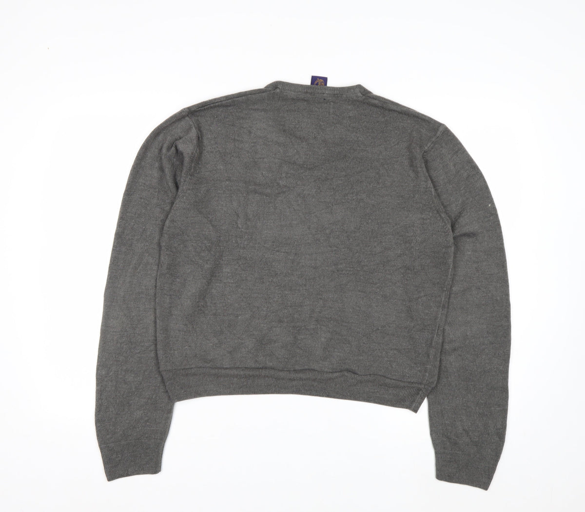 Brand and care label for Beyond Retro Men's Grey V-Neck Knit Jumper, size M, Classic Fit