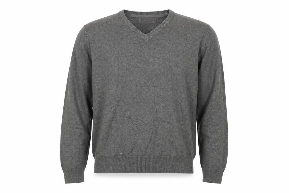 Front view of Beyond Retro Men's Grey V-Neck Knit Jumper, size M, Classic Fit