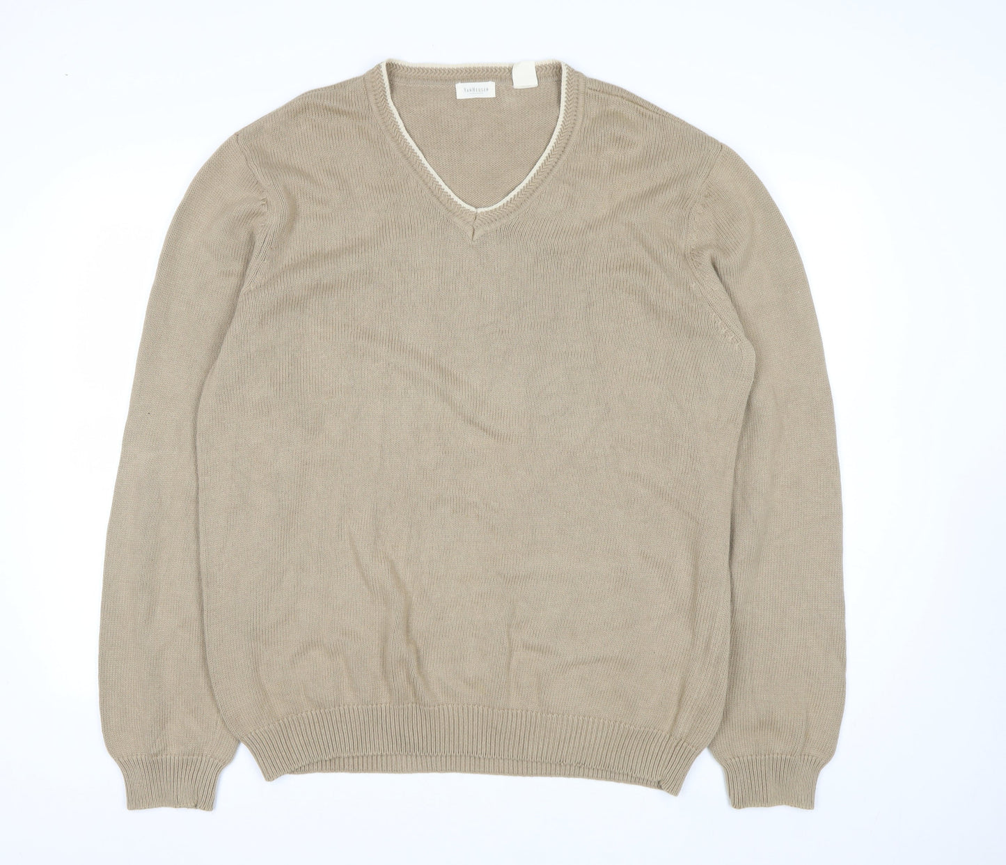 Van Heusen Men Beige Cotton V-Neck Jumper L Lightweight Knit