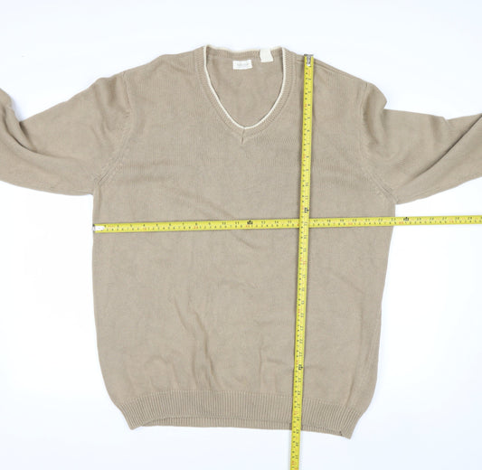 Van Heusen Men Beige Cotton V-Neck Jumper L Lightweight Knit