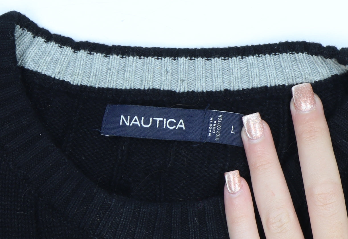 Nautica Men’s Black Cotton Cable Knit Crew Neck Jumper Size L
