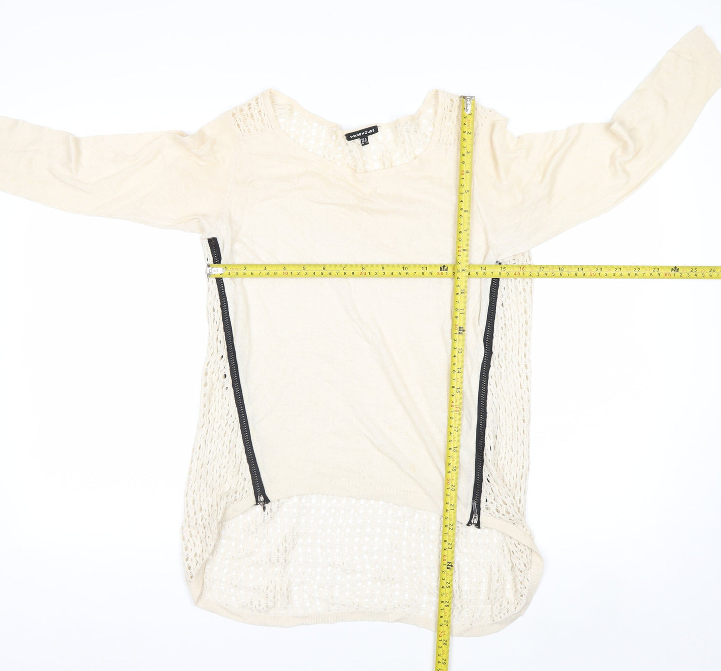 Warehouse Women Beige Open-Knit Lightweight Zip Jumper UK 6