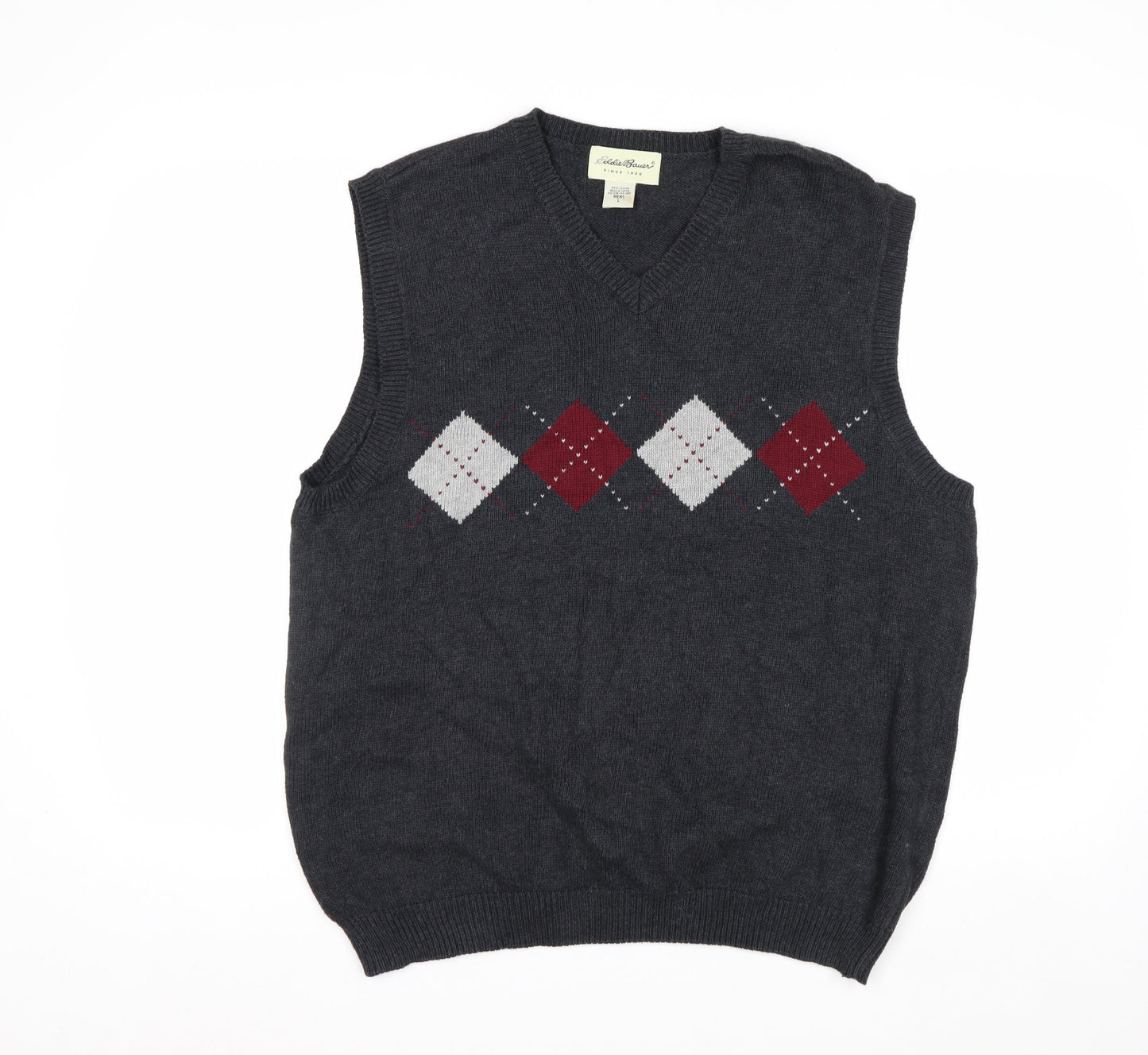 Eddie Bauer Mens Grey Argyle Cotton Knit Vest L Vintage