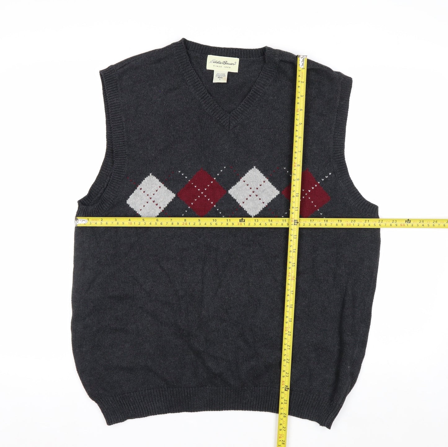 Eddie Bauer Mens Grey Argyle Cotton Knit Vest L Vintage
