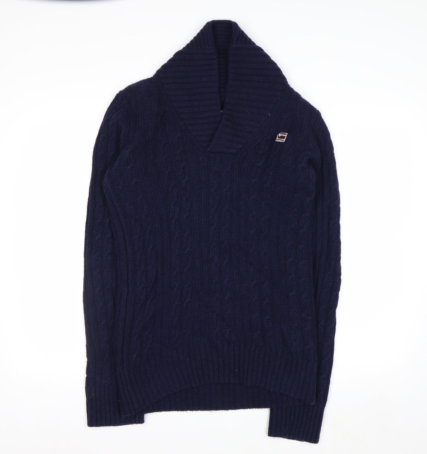 G-Star RAW Men's Blue Wool Cable-Knit V-Neck Pullover Jumper Size S