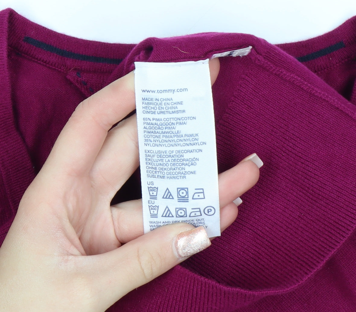 Tommy Hilfiger Women's Pink V-Neck Cotton Blend Jumper S