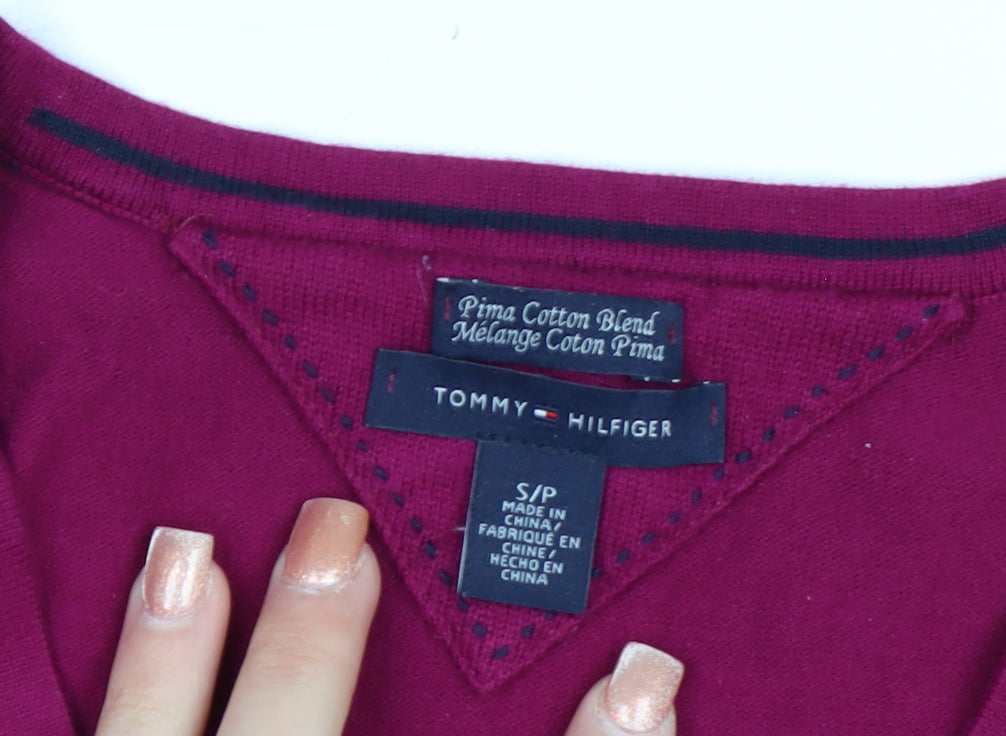 Tommy Hilfiger Women's Pink V-Neck Cotton Blend Jumper S