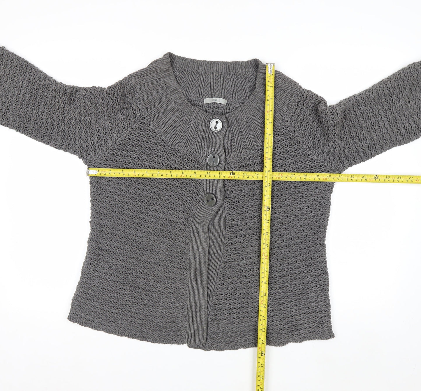 Marks and Spencer Women Grey Size 12 Button Knit Cardigan
