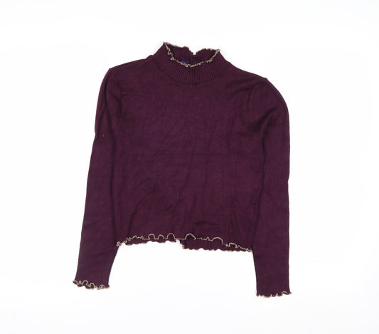 Beyond Retro Womens Purple High Neck Ruffled Knit Jumper Size M