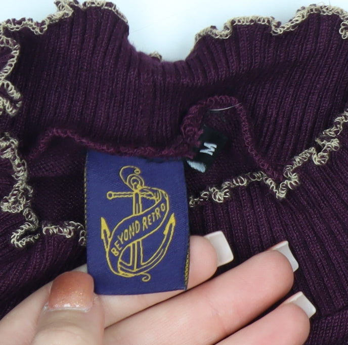 Beyond Retro Womens Purple High Neck Ruffled Knit Jumper Size M