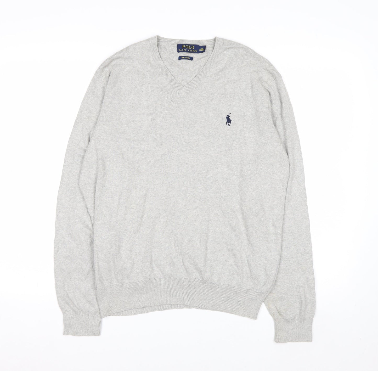 Polo Ralph Lauren Men's Grey V-Neck Jumper M 100% Cotton Knitwear