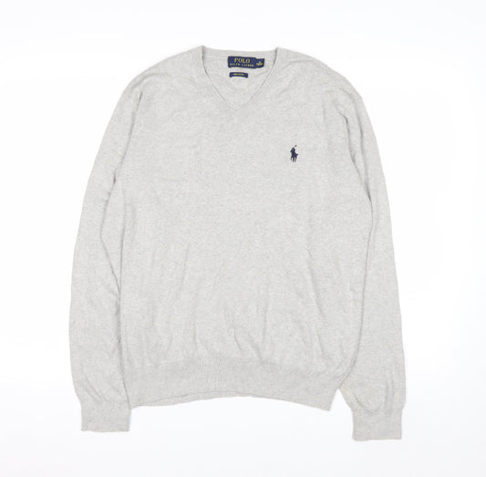 Polo Ralph Lauren Men's Grey V-Neck Jumper M 100% Cotton Knitwear
