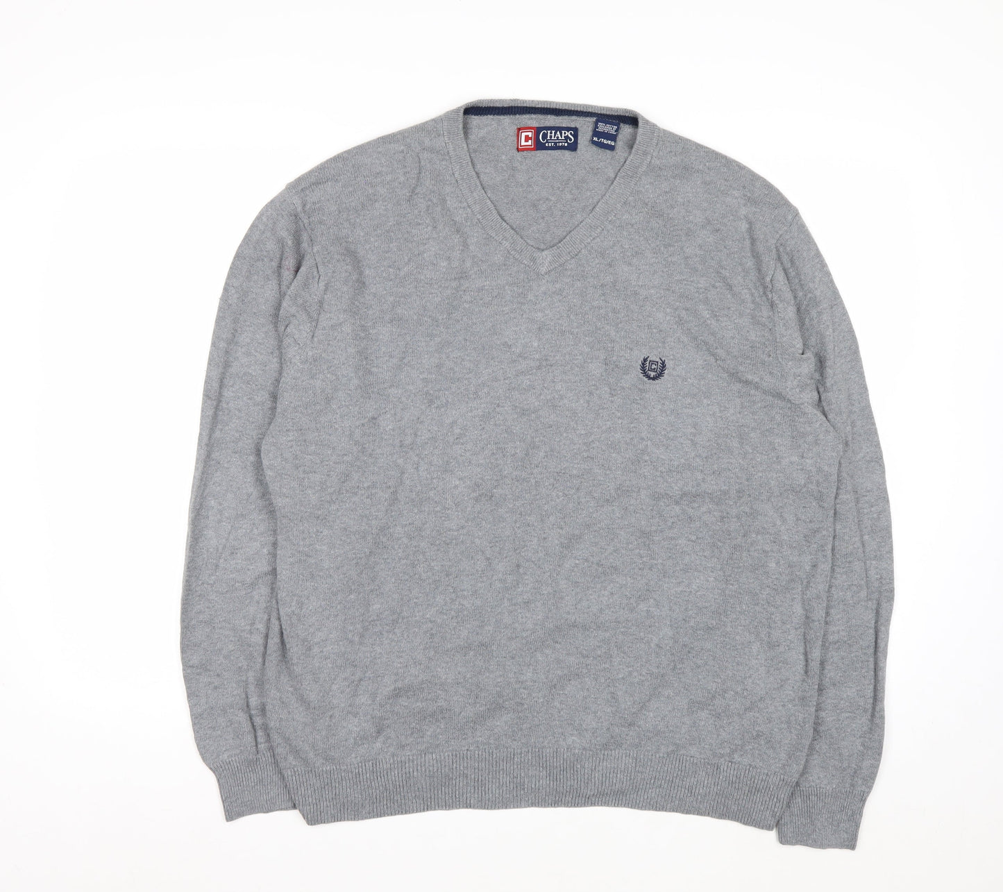 Chaps Men’s Grey Cotton V-Neck Jumper XL Classic Knitwear