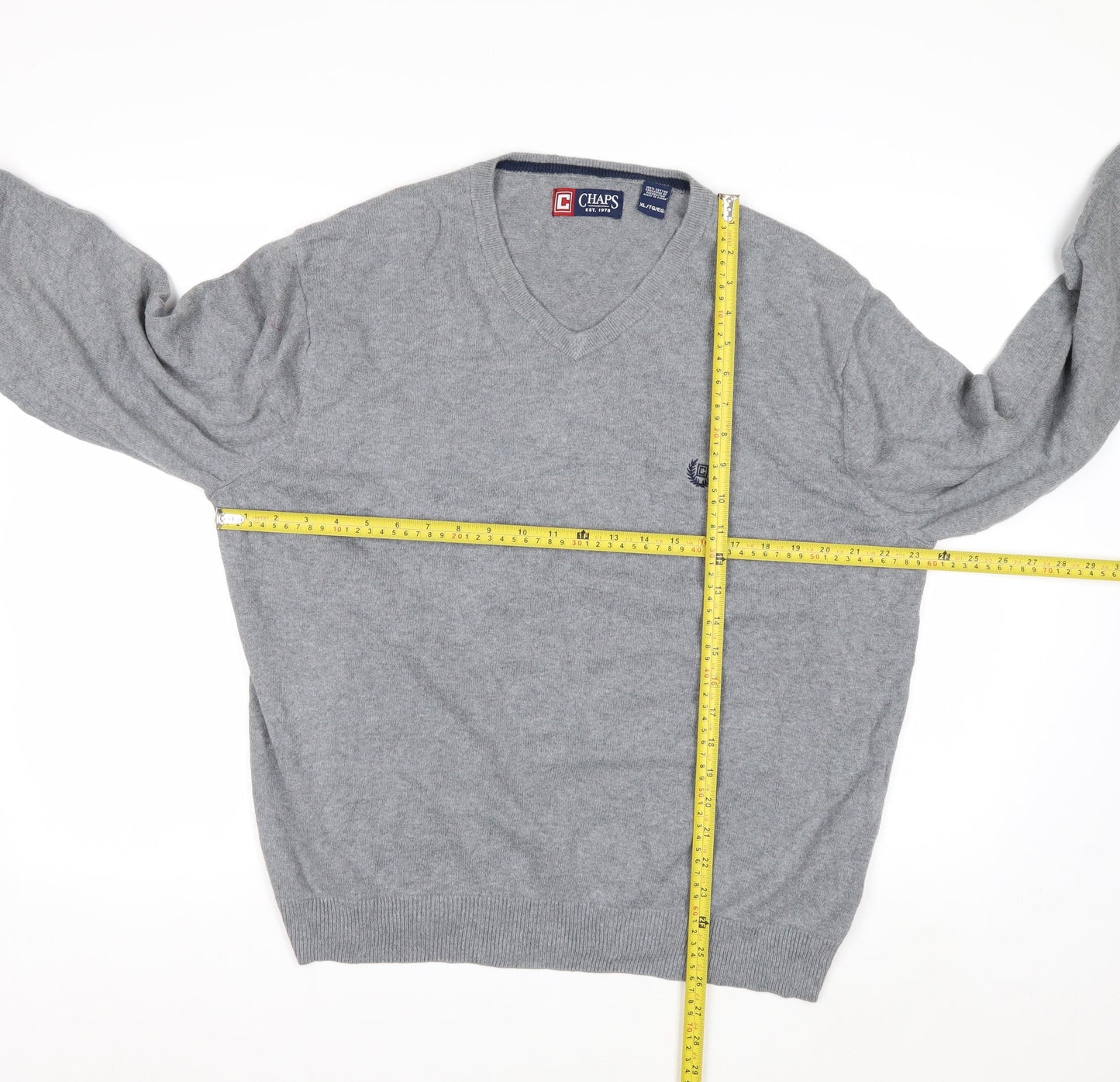 Chaps Men’s Grey Cotton V-Neck Jumper XL Classic Knitwear