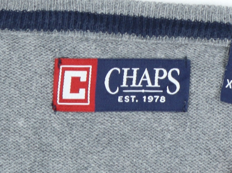 Chaps Men’s Grey Cotton V-Neck Jumper XL Classic Knitwear