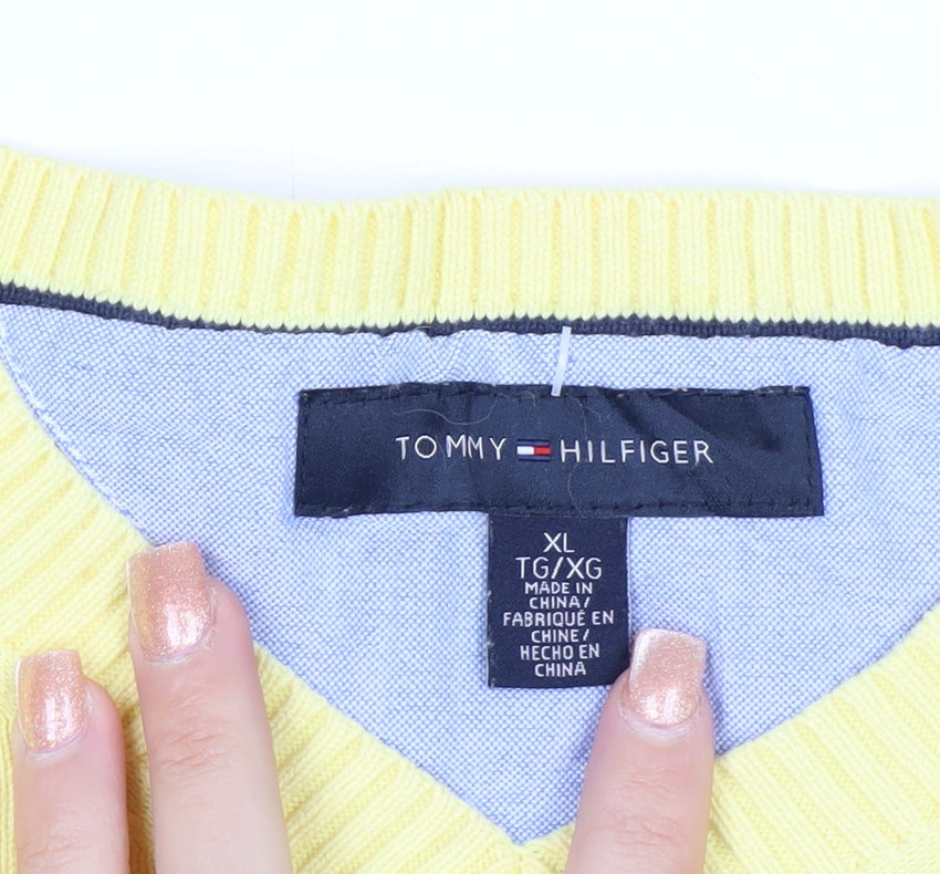 Tommy Hilfiger Men's Yellow Cotton V-Neck Jumper XL