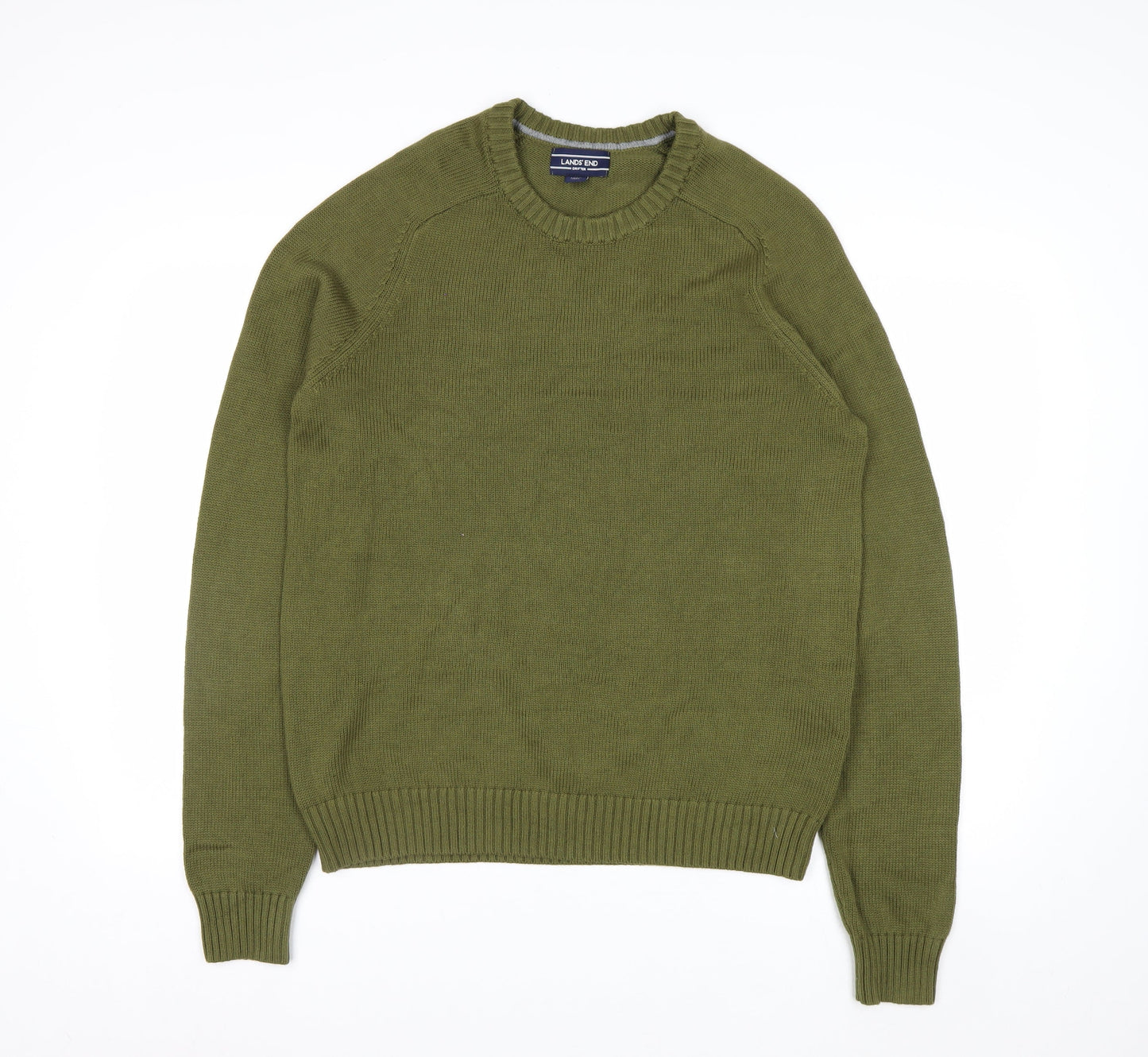 Lands' End Men's Green Cotton Crew Neck Pullover Jumper Size L