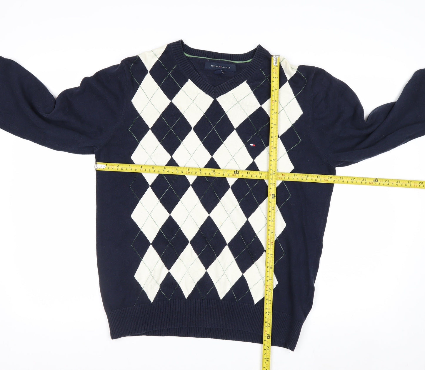 Tommy Hilfiger Men's Blue Argyle Cotton V-Neck Jumper Size M