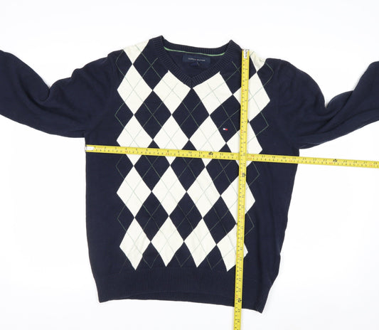 Tommy Hilfiger Men's Blue Argyle Cotton V-Neck Jumper Size M