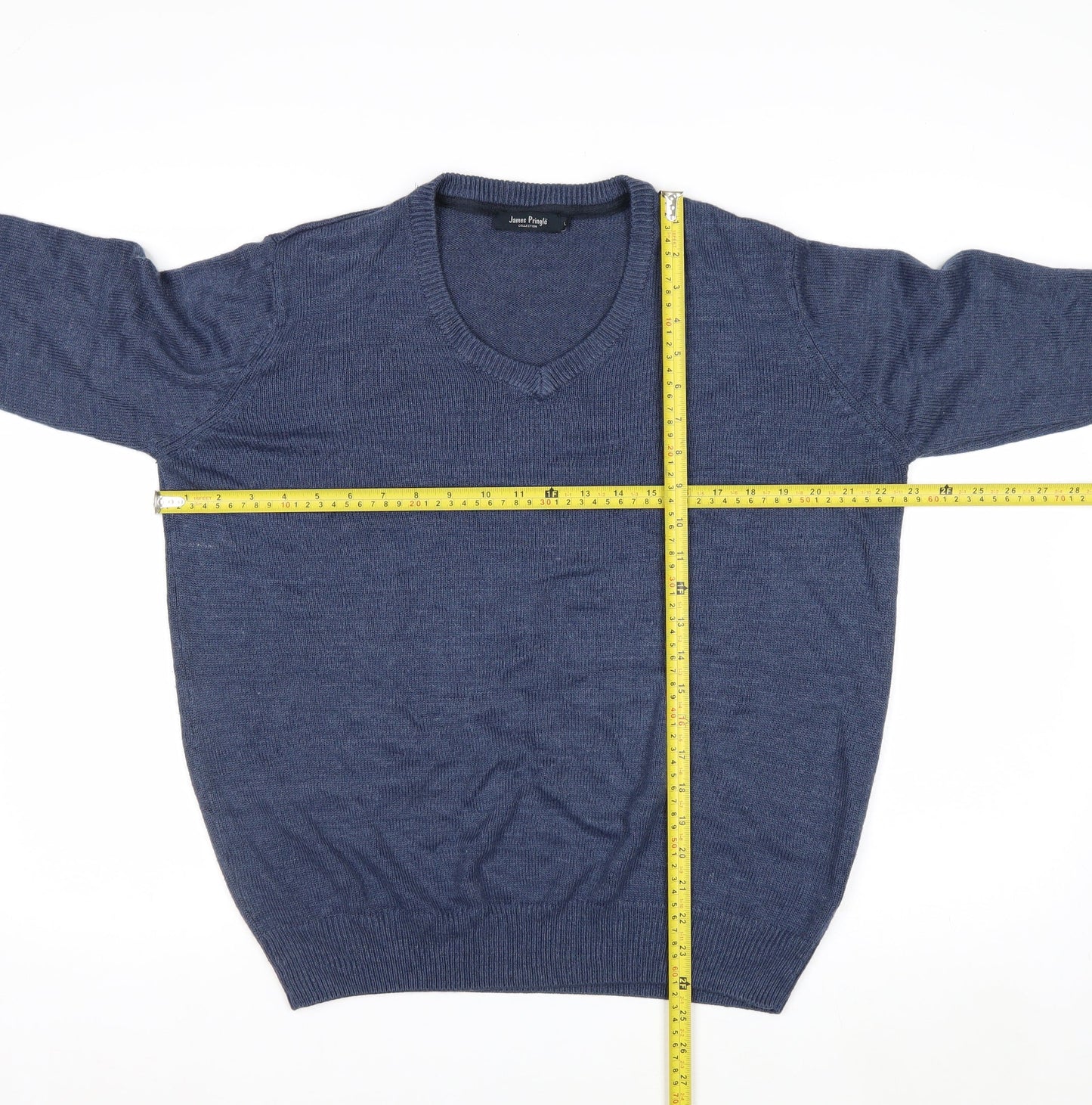 James Pringle Mens Blue Acrylic V-Neck Jumper Size L
