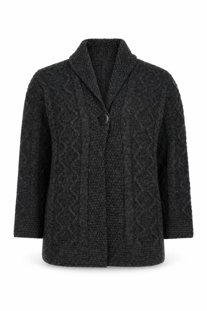 Inis Crafts Women's Grey Cable-Knit Merino Wool Cardigan Size S