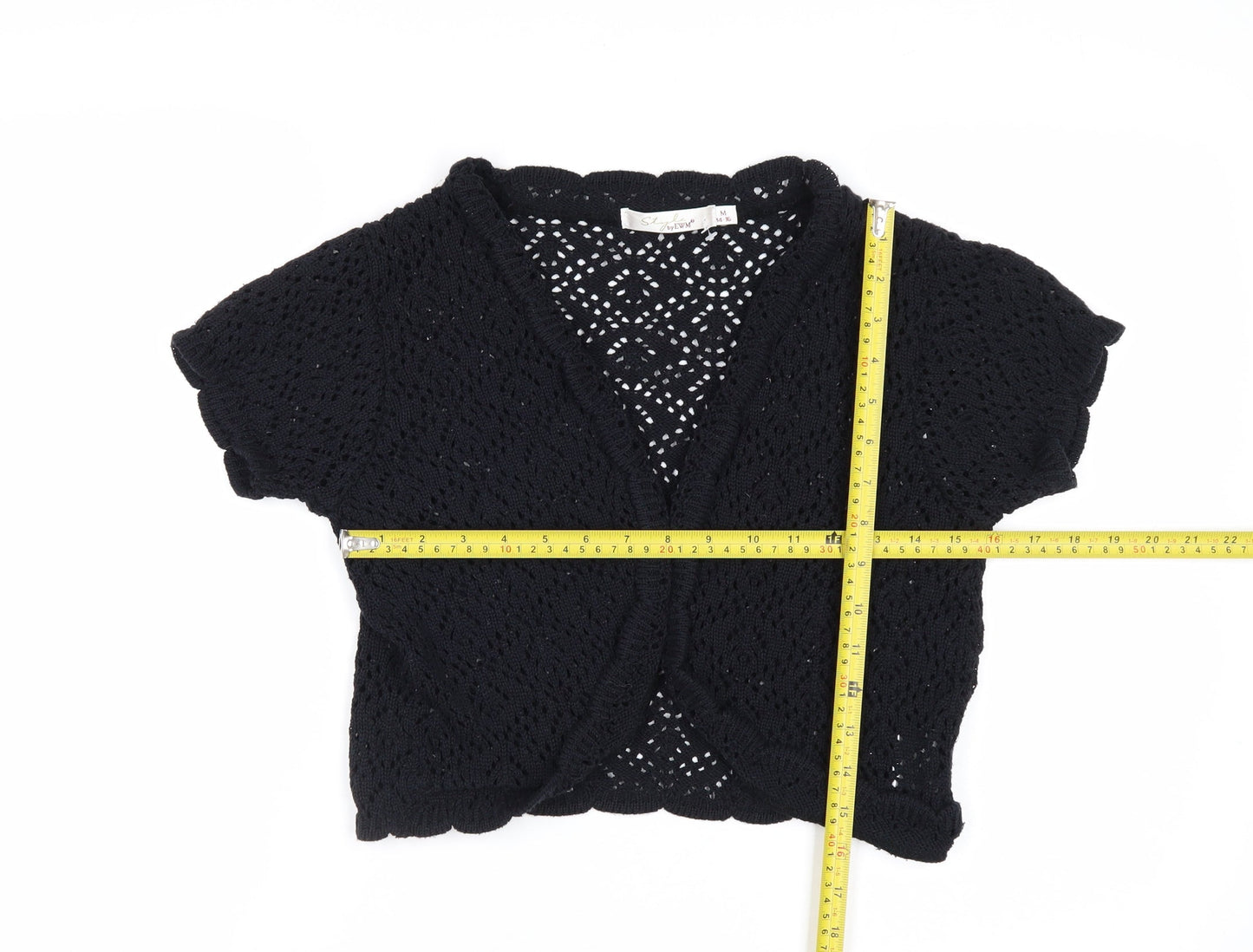 Style by EWM Women Black Crochet Open Cardigan Size 14 Short Sleeve