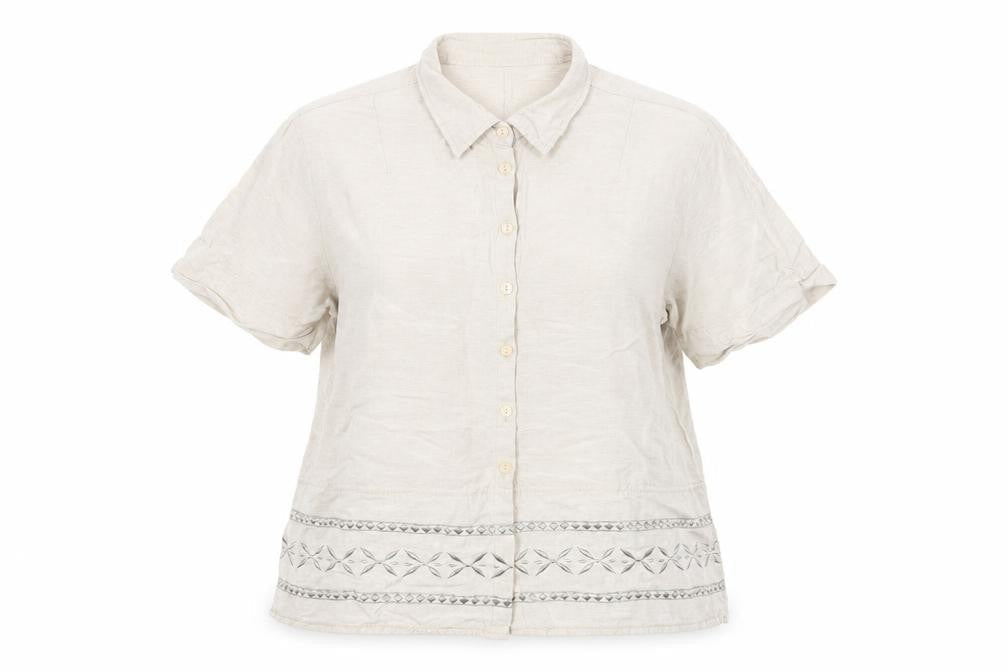OPUS Women's Beige Linen Blend Embroidered Button-Up Shirt Size 18