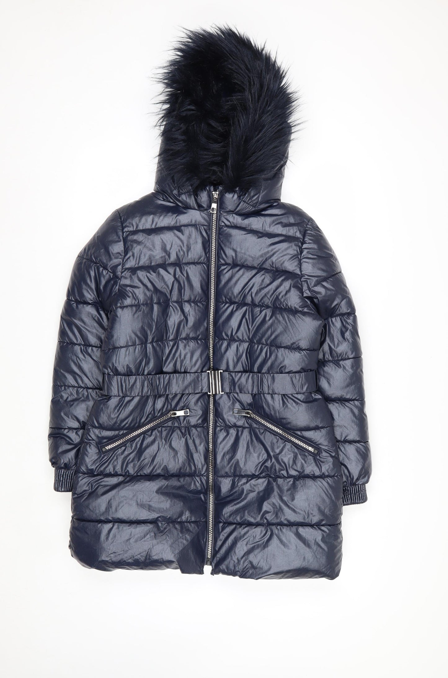 Marks and Spencer Girls Blue Hooded Belted Puffer Coat 11-12 Years