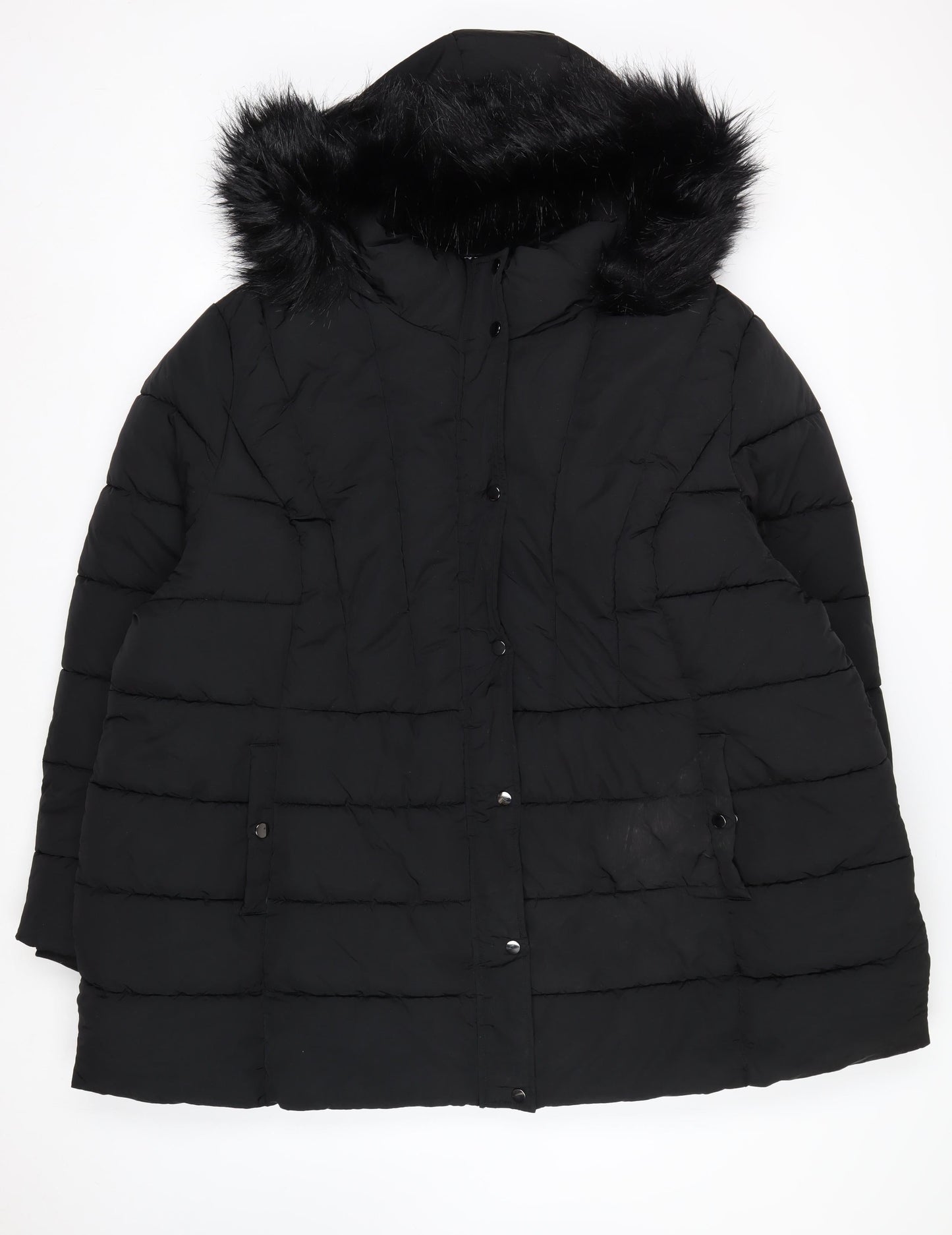 Yours Women's Black Long Puffer Coat Faux Fur Hood Plus Size 30-32