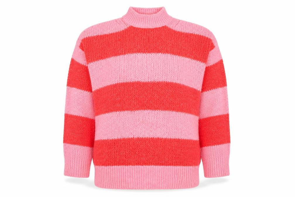 Mango Women Pink Red Striped Chunky Knit Mock Neck Pullover Jumper L