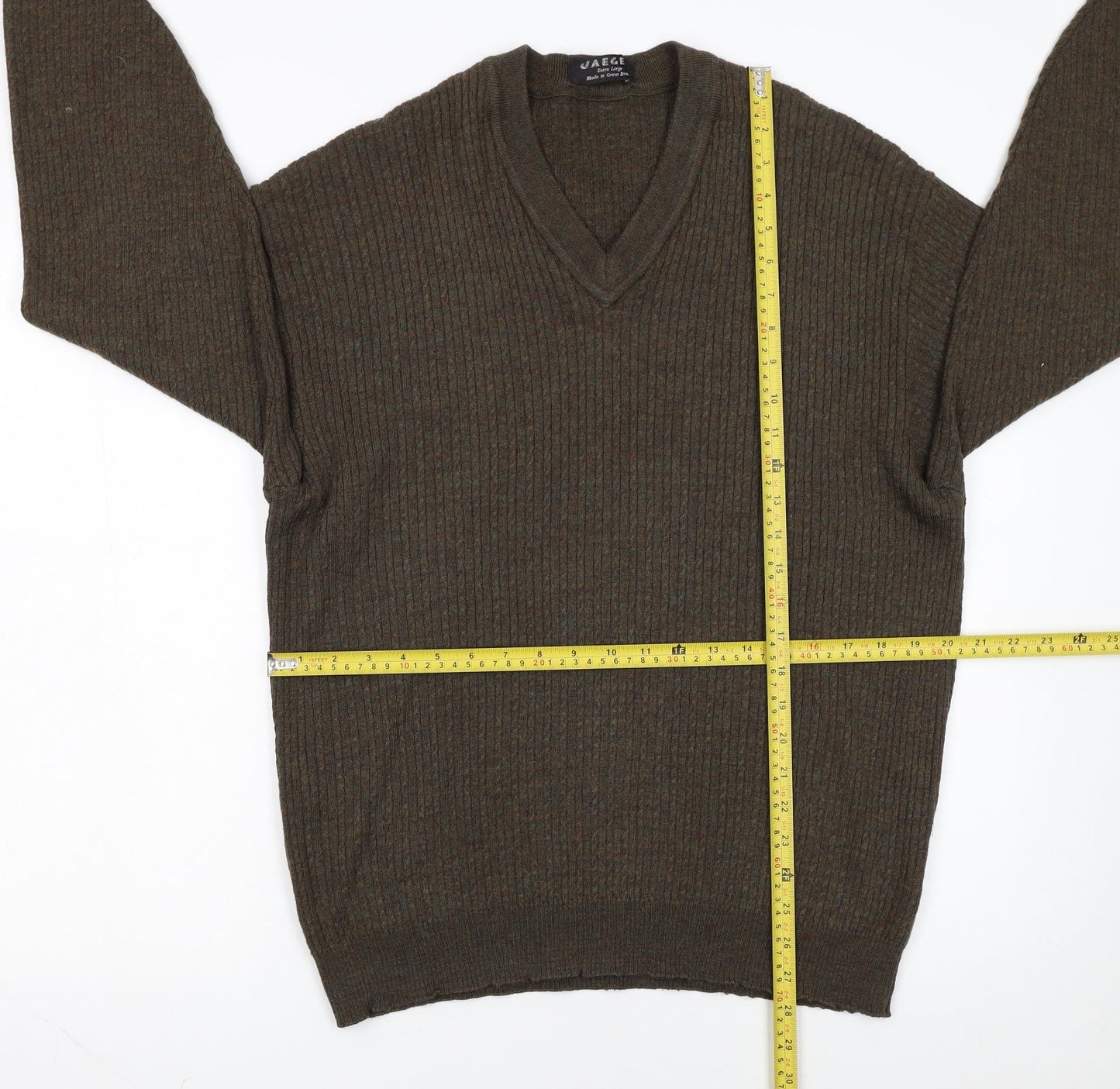 Jaeger Men’s Brown Wool V-Neck Ribbed Jumper XL Made in Great Britain