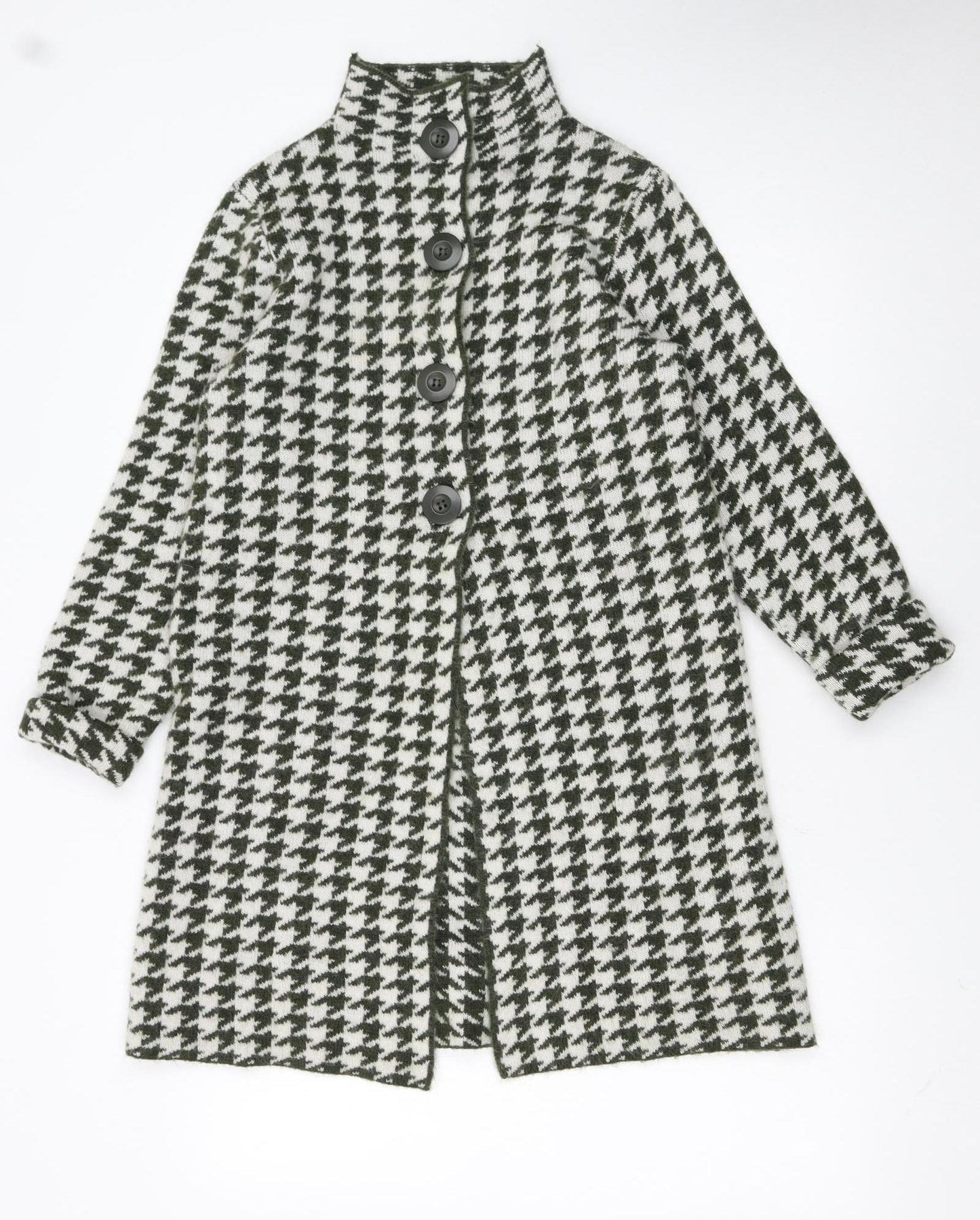 KENAR Womens Black White Houndstooth High Neck Button Cardigan S
