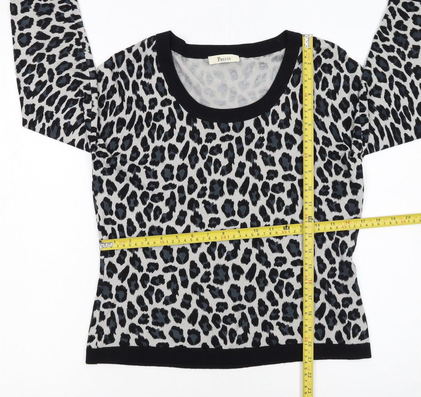 Precis Women Grey Leopard Print Scoop Neck Pullover Jumper Size S