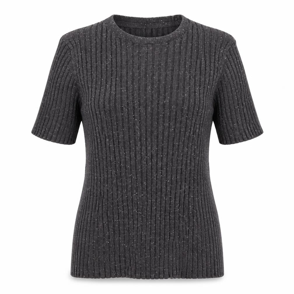 10018 NYC Women's Grey Ribbed Short Sleeve Knit Jumper Size S