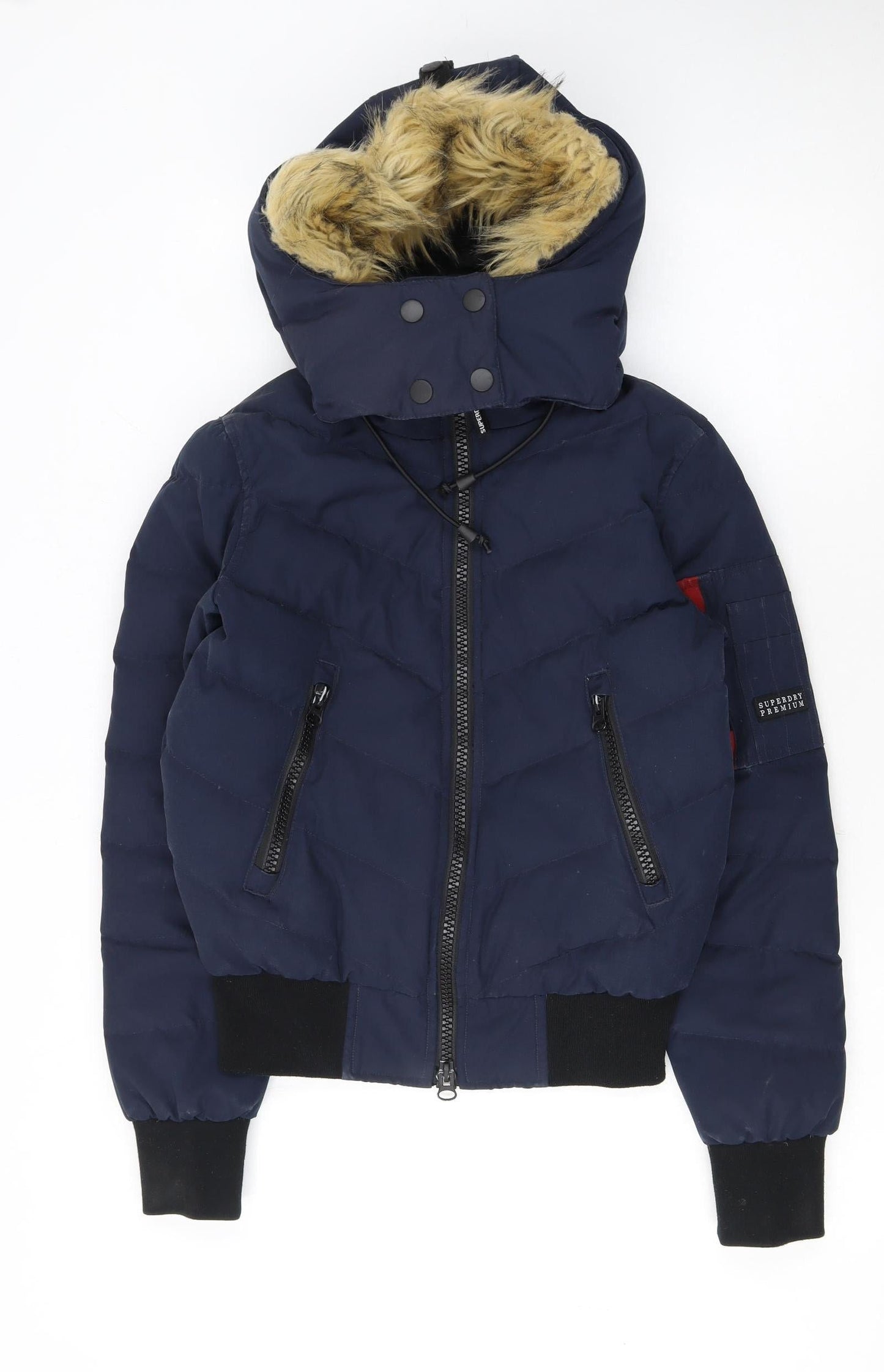 Superdry Women's Blue Size 6 Puffer Jacket with Faux Fur Hood