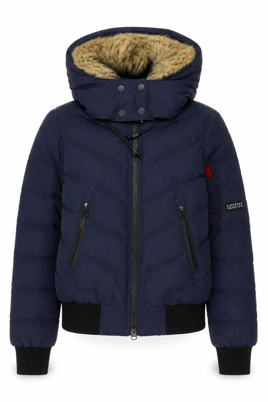 Superdry Women's Blue Size 6 Puffer Jacket with Faux Fur Hood