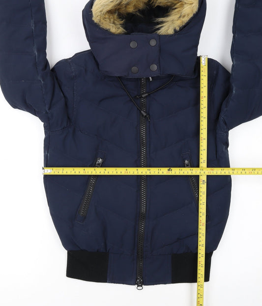 Superdry Women's Blue Size 6 Puffer Jacket with Faux Fur Hood