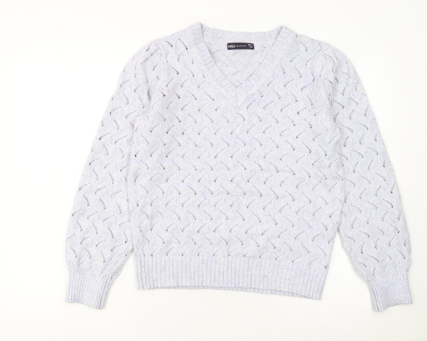 Marks and Spencer Women's White V-Neck Open-Knit Jumper Size S