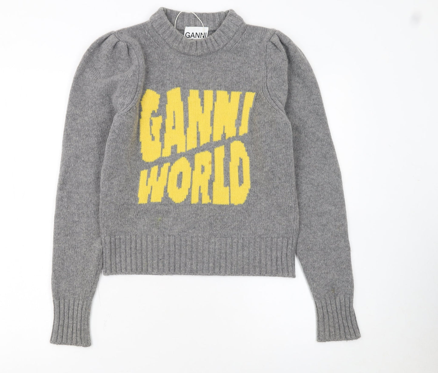 Ganni Womens Grey Wool Graphic Logo Pullover Jumper XXS