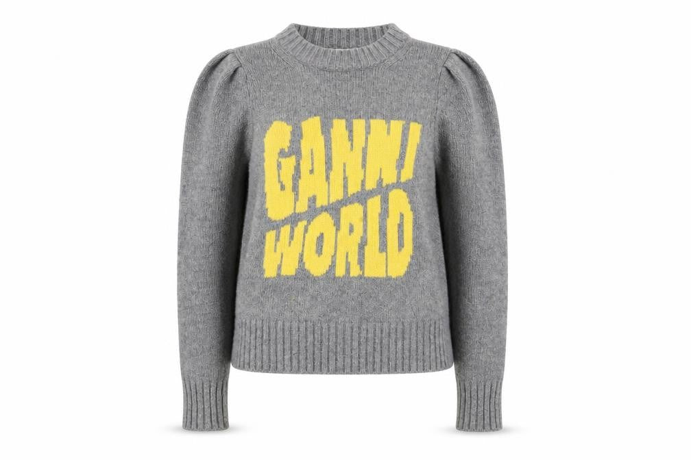 Ganni Womens Grey Wool Graphic Logo Pullover Jumper XXS