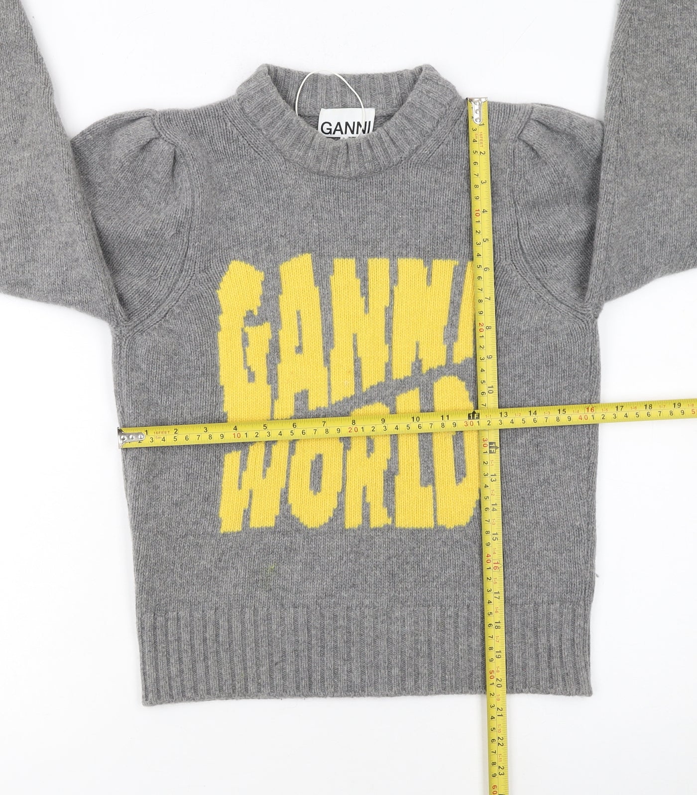 Ganni Womens Grey Wool Graphic Logo Pullover Jumper XXS
