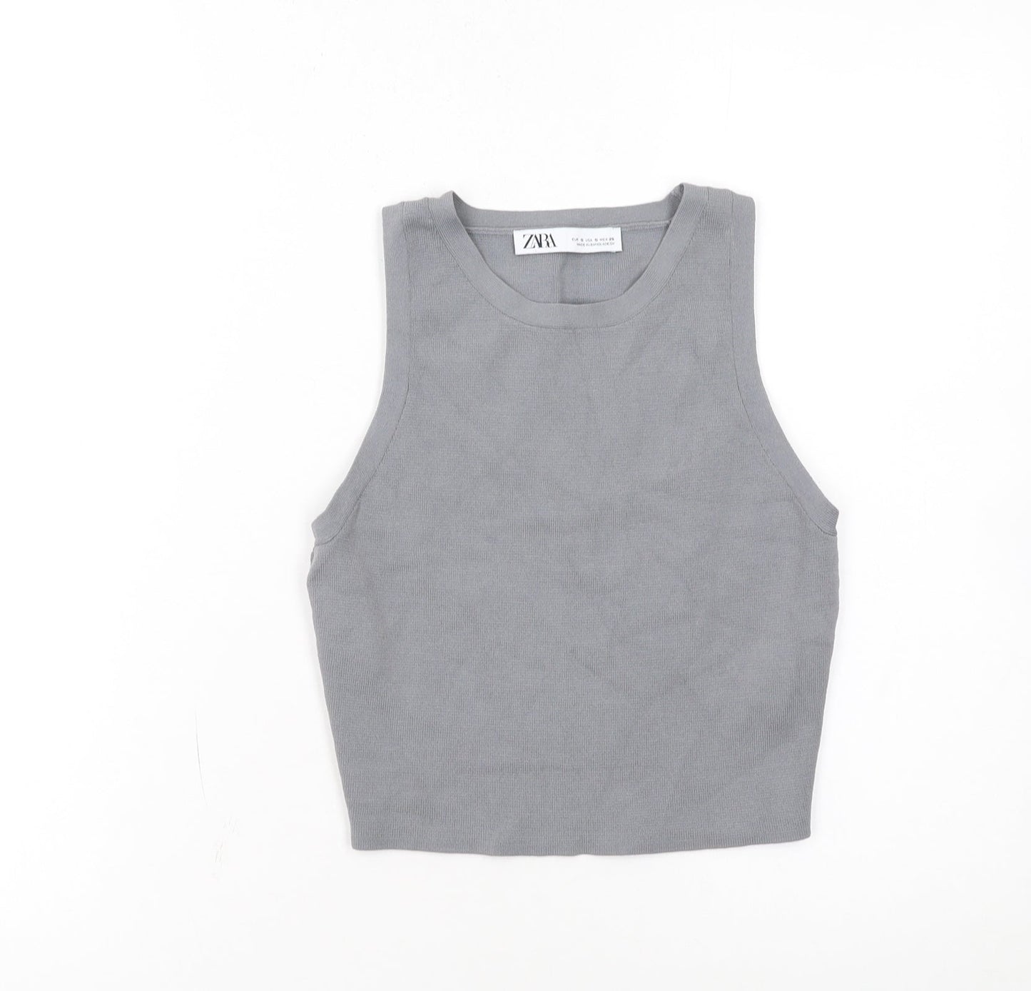 Zara Women Grey Cropped Tank Top Size S Stretch Knit Viscose Blend