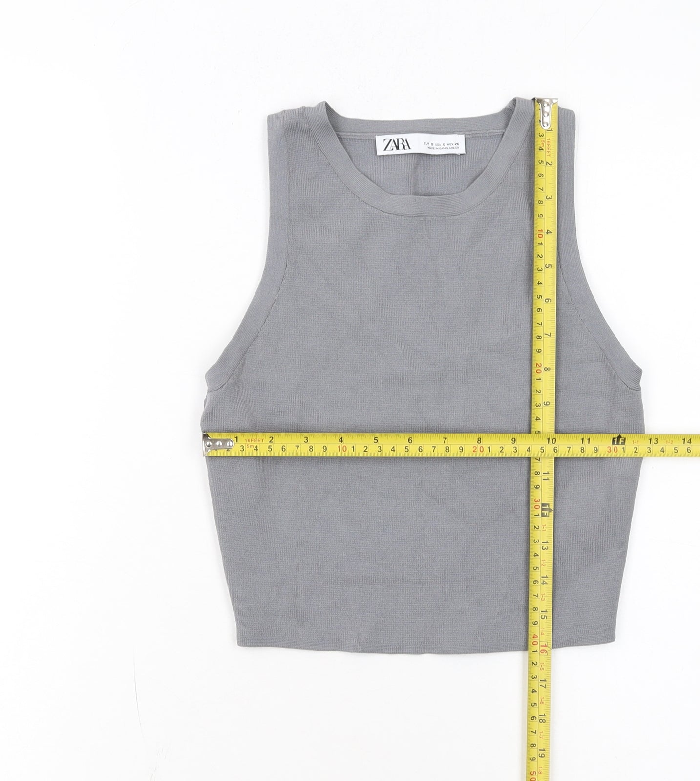 Zara Women Grey Cropped Tank Top Size S Stretch Knit Viscose Blend