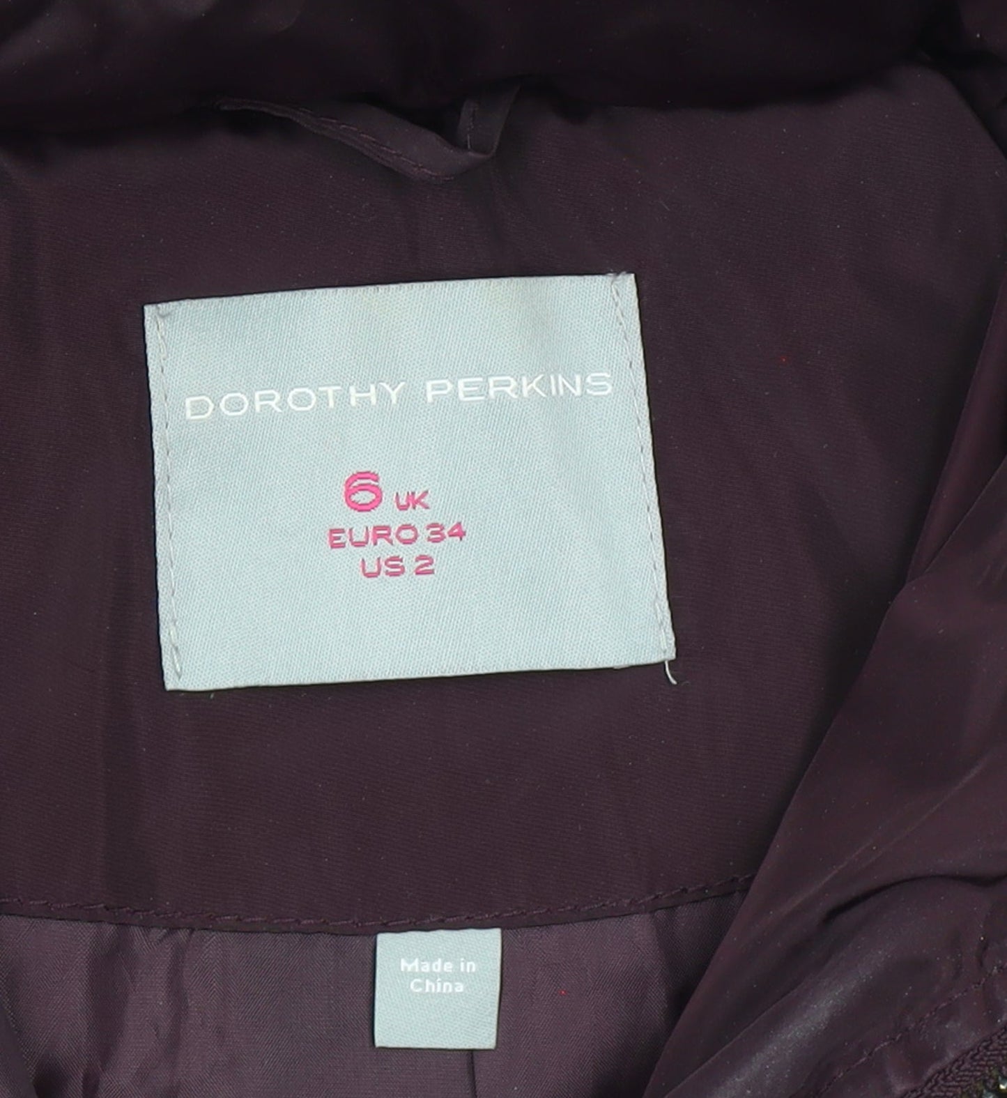 Dorothy Perkins Women's Purple Size 6 Hooded Puffer Coat